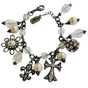 A gilded Life Charm Chain bracelet Cross crystal rhinestone pearl Jeweled Goth
